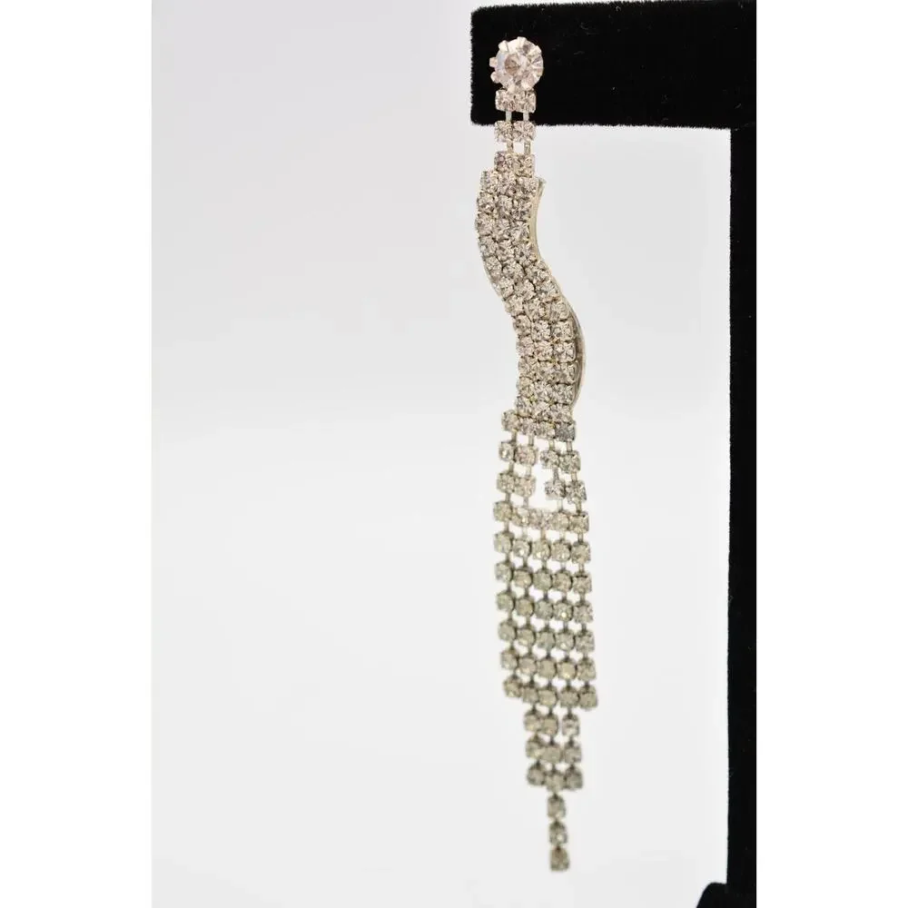 Vintage Dangle Earrings Rhinestone Crystal Fringe Chain Prong Silver 1980s 9L